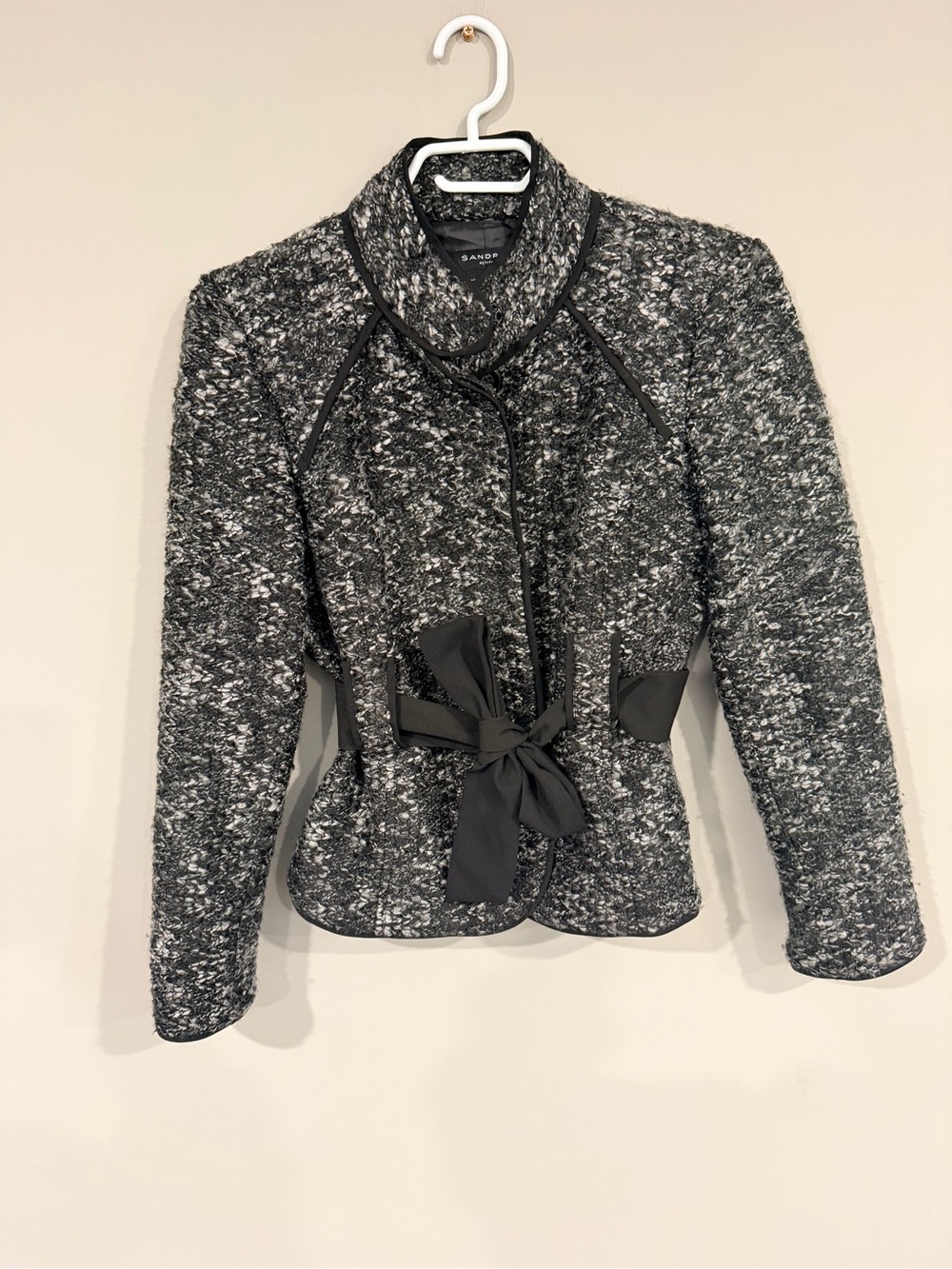 Sandro Black & Gray Tweed Belted Blazer Petite Size